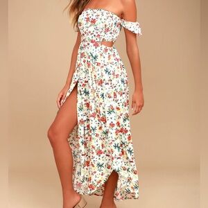 Easy on the Eyes Cream Floral Print Off-the-Shoulder Maxi Dress